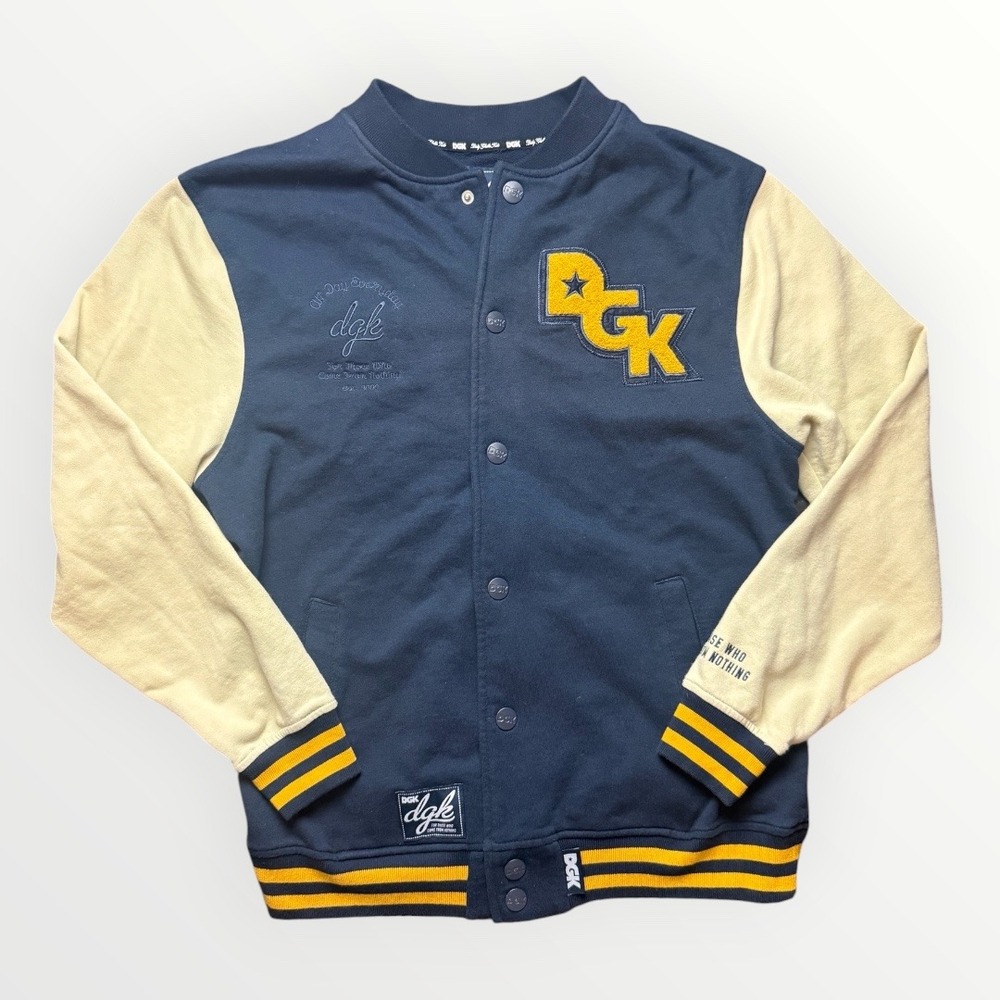 DGK Mens Varsity Jacket Navy Blue Cream Large Chenille Patch Streetwear Snap